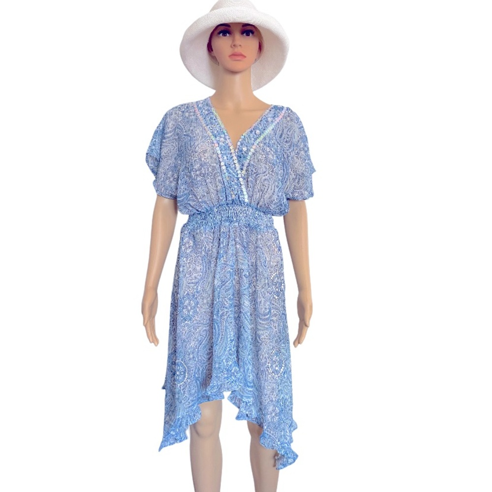CALIFORNIA BREEZE Sheer Blue Embellished Tunic Cover-Up Size L